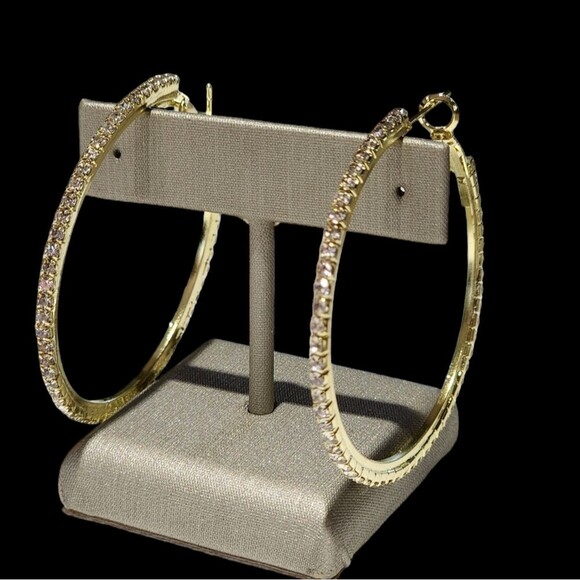 Bohemian Style Gold Plated Round Pave Rhinestone Oversized‎ Hoop Earrings 1.9in - Picture 3 of 16